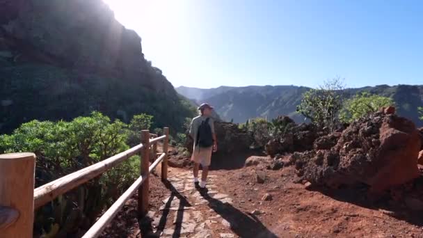Patrz Jak Człowiek Stoi Malowniczej Ścieżce Pobliżu Majestatycznej Góry — Wideo stockowe