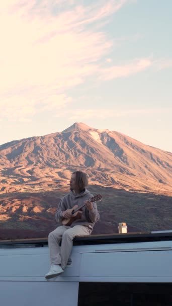長髪の若い男がベンチに座り 山の絵のような背景にギターを打ち込む — ストック動画