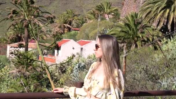 Woman Stands Balcony Next Mountain Beautiful Masca Valley Tenerife — Stock Video