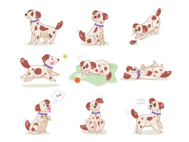 Farklı pozlarda köpekler. Battaniyenin üzerinde uyuyan, oyuncaklarla oynayan, dışarıda dolaşıp yiyecek için yalvaran şirin köpek yavrularıyla dolu çıkartmalar. Mutlu hayvan. Çizgi film düz vektör koleksiyonu beyaz üzerine izole edildi