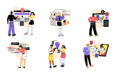 İş etkinliği. Erkek ve kadın girişimciler mali istatistikleri analiz ediyor, kalkınma stratejisi planlıyor, hedefler belirliyor ve yeni projeler başlatıyorlar. Çizgi film düz vektör koleksiyonu beyaz arkaplanda izole edildi