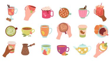 Kahve ve çay seti. Fincanlarda, fincanlarda, çaydanlıklarda ya da Türklerde lezzetli sıcak içecekler olan çıkartmalar. Soğuk havada ısınmak için taze içecekler. Çizgi film düz vektör koleksiyonu beyaz arkaplanda izole edildi