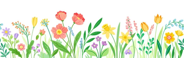 Fondo Floral Horizontal Bandera Colorida Con Plantas Florecientes Flores Silvestres — Vector de stock