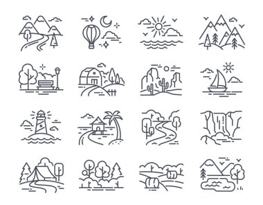 Doğrusal manzaralar kümesi. Dağları, ormanları, deniz feneri, denizi, kanyonu, tarlası ve tropikal adası olan ikonlar. Tatil, dinlenme ya da macera. Çizgi film basit vektör koleksiyonu beyaz arkaplanda izole edildi