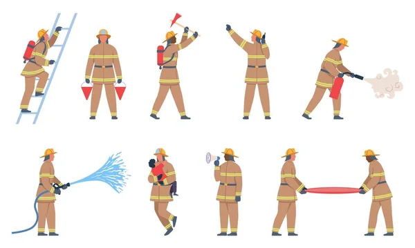 Set Karakter Firefighter Petugas Pemadam Kebakaran Dengan Seragam Memadamkan Api - Stok Vektor