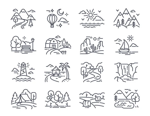 stock vector Set of linear landscapes. Icons with mountains, forests, lighthouse, sea, canyon, field and tropical island. Vacation, rest or adventure. Cartoon simple vector collection isolated on white background