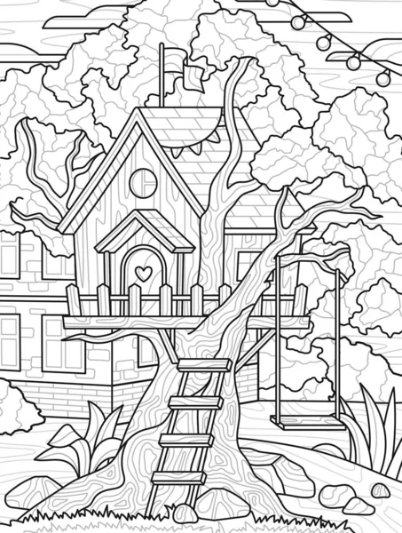 Design Coloring Book Tree House Backyard Young Children Entertainment Antistress — Stock Vector