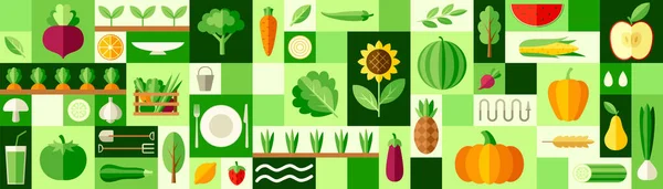 Set Gambar Sayuran Pola Abstrak Mulus Dengan Ikon Wortel Labu - Stok Vektor