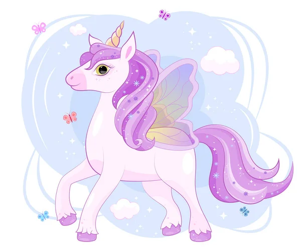 Carino Unicorno Personaggio Fantastico Fiaba Con Ali Farfalla Magiche Pony — Vettoriale Stock