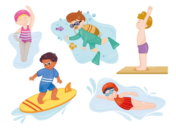 Water Sports Children Set Cute Boys Girls Swimming Diving Surfing — Stock Vector
