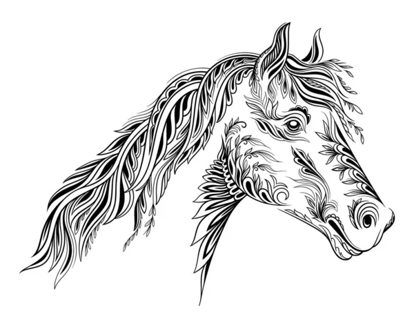 Pferd Mit Blumenschmuck Handgezeichnete Schnauze Oder Pferdekopf Mit Blättern Blüten — Stockvektor