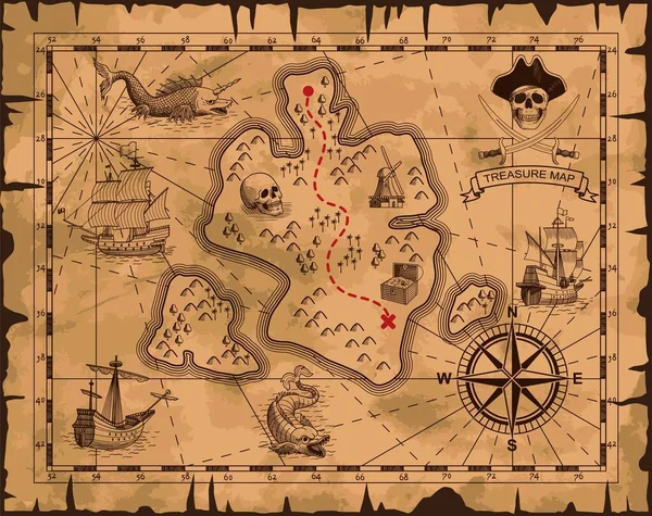 Mapa Skarbów Piratów Antyczny Zwój Morzem Bezludnymi Wyspami Pirackimi Statkami — Wektor stockowy