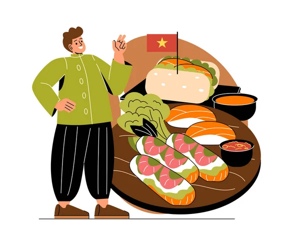 Azjatyckie Jedzenie Tradycyjne Wietnamskie Jedzenie Flagą Pierogi Ryżowe Krewetkami Sushi — Wektor stockowy