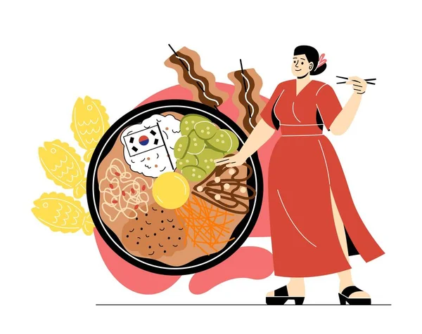 Azjatyckie Jedzenie Piękna Koreańska Dziewczyna Trzyma Pałeczki Tradycyjny Ramen Lub — Wektor stockowy