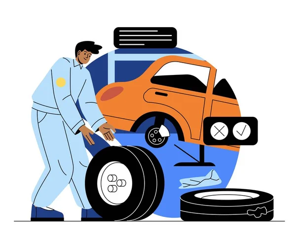 汽车服务的概念 年轻的男性汽车修理工或加油站员工更换车轮或轮胎 自动调优 维护或固定 卡通平面矢量插图的涂鸦风格 — 图库矢量图片