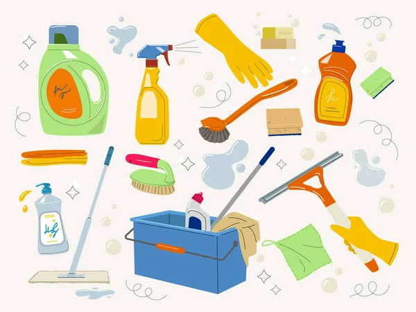 Conjunto Vários Itens Limpeza Equipamentos Domésticos Detergentes Pulverizar Esfregar Pano — Vetor de Stock