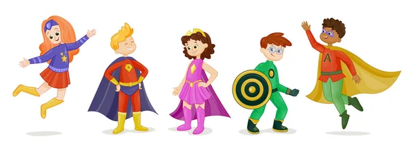 Süper Kahraman Kostümlü Çocuklar Süper Güçleri Olan Çizgi Roman Karakterleri — Stok Vektör