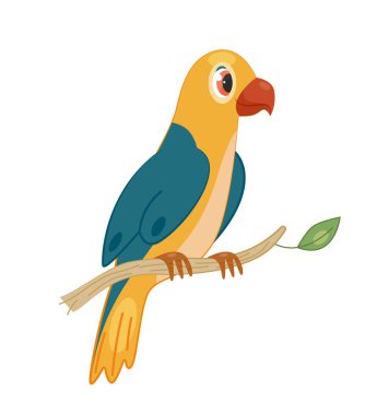 Afrika papağanı konsepti. Kırmızı gagalı çok renkli sarı kuş ormanda ya da tropikal ormanda dalda oturur. Savannah, vahşi yaşam ve doğa. Oyuncak mı, maskot mu? Çizgi film düz vektör çizimi