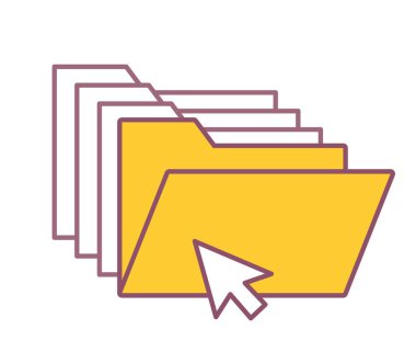 Retro klasörler kavramı. Uygulamalar ve programlar için grafik ögesi, bilgisayar arayüzü. Bilgi alışverişi. Poster ya da afiş, hippi dönemi, eski tarz ikon. Çizgi film düz vektör çizimi