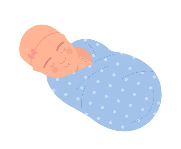 把孩子捆起来裹着蓝色毯子睡觉的小女孩 社交网络和信使的贴纸 舒适和舒适 在家里休息和放松 卡通平面矢量插图 — 图库矢量图片