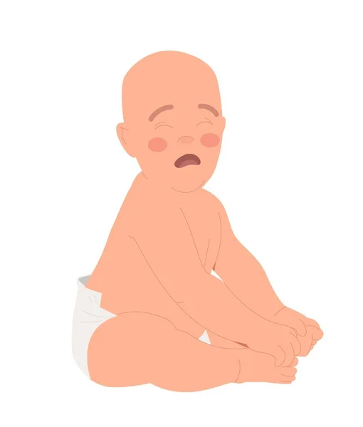 婴儿坐在那里哭泣 穿着尿布的可怜的小男孩 新生儿想喝水或尿尿 社交网络贴纸 网站图形元素 情绪和感觉 卡通平面矢量插图 — 图库矢量图片