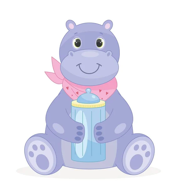 Baby Nijlpaard Met Flessenpictogram Schattig Dier Zit Drinkt Water Melk — Stockvector