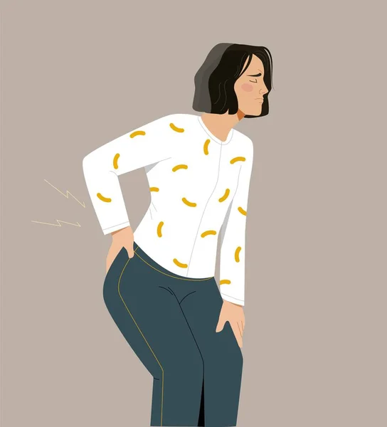 Sırt Ağrısı Kavramı Kadın Ayağa Kalkar Beline Tutunur Kas Problemleri — Stok Vektör