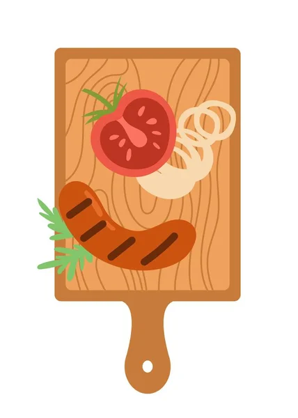 船上的烧烤配料切碎的香肠 西红柿和洋葱 切蔬菜和肉 用于网站的图形元素 自然和有机产品及食品 卡通平面矢量插图 — 图库矢量图片
