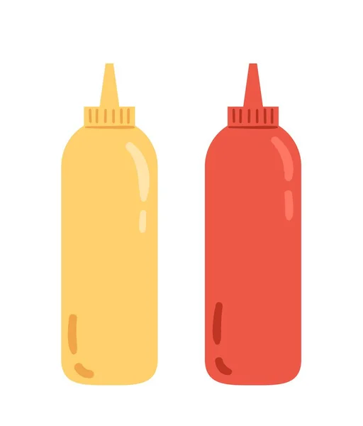 BBQ ketchup and mustard. Sauces for meat in colorful bottles. Graphic element for grocery store. Recipe and cooking, spices. Barbecue and picnic, outdoor recreation. Cartoon flat vector illustration