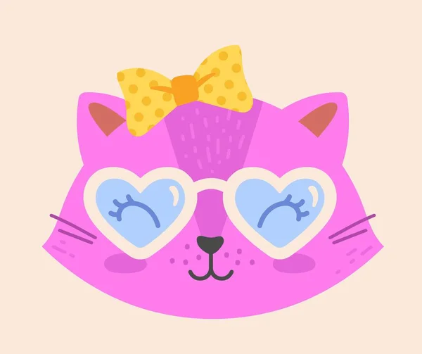 サングラスをかけたピンクの猫 心の形で眼鏡をかけた愛らしい子猫 夏と暑い天候の象徴 ウェブサイト用のポスターやバナー メッセンジャー用のステッカー 漫画フラットベクトルイラスト — ストックベクタ