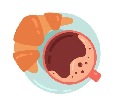Kahve ya da fincanda çay. Kruvasanla sıcak içecek, tatlı ve lezzet, gurme. Geleneksel sabah, kahvaltı ve öğle yemeği. Sosyal ağlar ve kuryeler için etiket. Çizgi film düz vektör çizimi