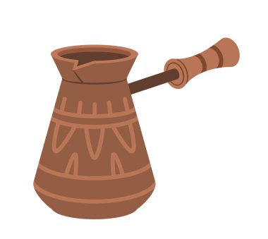 Sürahide kahve ya da çay. Apartman için seramik masa takımı, poster ya da afiş. Toprak malzemelerindeki soyut kalıplar, sıcak içecek yapmak için ekipmanlar. Sosyal medya etiketi. Çizgi film düz vektör çizimi