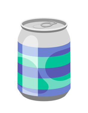 Soğuk içecek ikonu. Mavi ve yeşil çizgili alüminyum kutu. Lezzetli tatlı sıvı ve içecek. Zarafet ve gurme. Sıcak havada dinlenmek için ferahlatıcı bir kokteyl. Çizgi film düz vektör çizimi