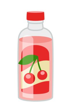 Kiraz suyu ikonu. Kokteyl ve soda ile plastik şişe. Taze ve doğal böğürtlenlerden ve meyvelerden yapılmış içecek. Vitaminler ve eser elementler. İçecek ve lezzetli sıvı. Çizgi film düz vektör çizimi