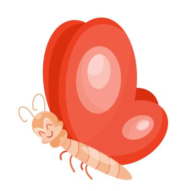 Sevimli kelebek karakteri. Büyük kırmızı kanatlı parlak böcek. Sosyal ağlar için etiket, çocuklar için etiket. Doğa, biyoloji, hayvan ve çevre. Çizgi film düz vektör çizimi