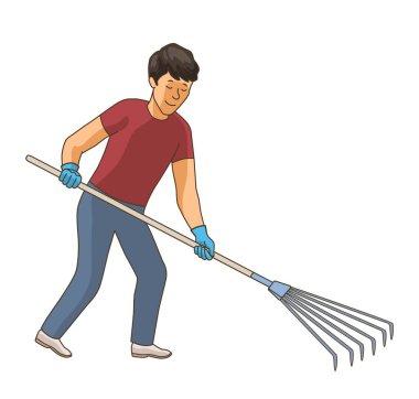 Çocuk çöpü tırmıkla topluyor. Çocuk bölgeyi temizliyor. Çevreyi ve doğayı önemsemek. Çevre dostu bir karakter. Anlık kuryeler için etiket. Sorumlu genç adam. Çizgi film düz vektör çizimi