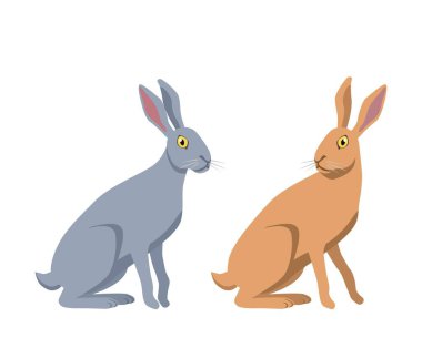 İki tavşan ikonu. Gri ve kahverengi tavşanlar oturuyor. Kumaş üzerine yazdırmak için grafiksel öge. Çocuk oyuncağı ya da maskotu. Hızın, biyolojinin ve faunanın, vahşi yaşamın sembolü. Çizgi film düz vektör çizimi