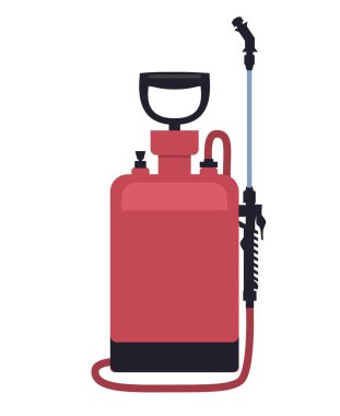 Bahçe kırmızısı elektrikli süpürge. Özel bölgeleri yapraklardan ve küçük dallardan temizlemek için modern bir cihaz, açık havada çalışıyor. Sosyal ağlar ve kuryeler için etiket. Çizgi film düz vektör çizimi