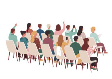 Bir grup insan oturuyor. Beyaz sandalyedeki erkekler ve kadınlar. Sinemada ya da ana sınıfta, izleyiciler ve izleyiciler. Toplum önünde konuşma, konferans ve müzikal şov. Çizgi film düz vektör çizimi