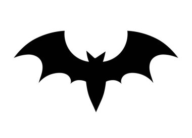 Cadılar Bayramı yarasa silueti. Geometrik kanatlı kara hayvan. Uluslararası ve geleneksel korku ve korku bayramı, panik ve fobi sembolü. Çocuklar için etiket. Çizgi film düz vektör çizimi