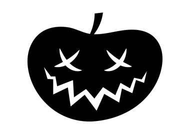 Cadılar Bayramı balkabağı silueti. Korkunç gözleri ve bıçakla oyulmuş ağzı olan sebzeler. Alışılmadık bir şapka. Korku ve dehşetin sembolü. Fantezi ve hayal gücü, mistisizm. Çizgi film düz vektör çizimi