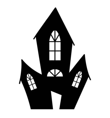 Cadılar Bayramı şatosu silueti. Korkunç, korkunç hayaletli ve hayaletli bir bina. Kumaş üzerine yazdırmak için grafiksel öge. Web sitesi afişi ya da afişi. Korku ve korku. Çizgi film düz vektör çizimi