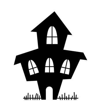 Cadılar Bayramı şatosu silueti. Korkunç bir bina ve ortaçağ mimarisi. Sosyal ağlar ve kuryeler için etiket. Uluslararası ve çok kültürlü bir tatil. Çizgi film düz vektör çizimi