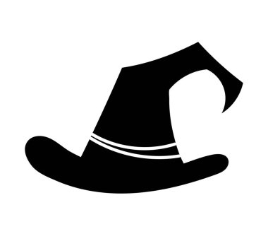 Cadılar Bayramı şapkası silueti. Cadı kıyafetleri, aksesuar. Korku ve dehşetin sembolü. Uluslararası ve çok kültürlü sonbahar festivali. İnternet sitesi ya da logoti afişi. Çizgi film düz vektör çizimi