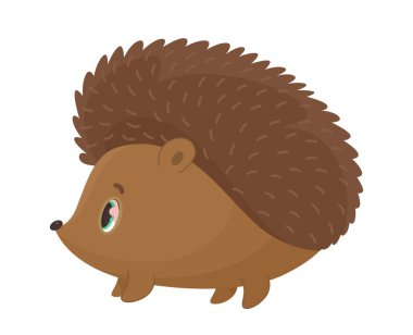 Şirin kahverengi kirpi. Sırtında iğneler olan bir hayvan. Sosyal ağlar ve anlık kuryeler için etiket. Web sitesi afişi ya da afişi. Çocuklar için oyuncak ya da maskot. Çizgi film düz vektör çizimi