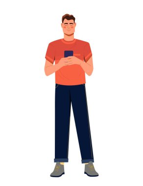 Akıllı telefonu olan bir adam. Genç adam telefonda, iletişimde ve internetteki iletişimde mesaj yazıyor. Kurye, poster ya da web sitesi afişi için etiket ve tepki. Çizgi film düz vektör çizimi