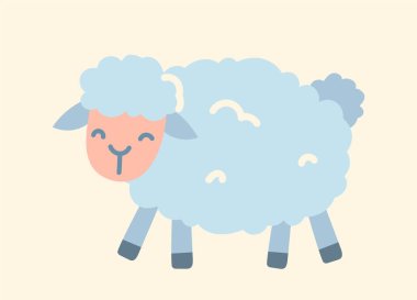 Sevimli koyun ikonu. Çocuklar için sevimli bir hayvan, maskot ya da oyuncak. Eğitim ve eğitim. Biyoloji, doğa ve hayvan, memeli. Sosyal ağlar ve kuryeler için etiket. Çizgi film düz vektör çizimi