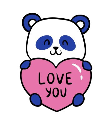 Şirin küçük panda. Romantik ayı maskotu büyük pembe bir kalbe sahip ve seni seviyor. Duygular ve duygular. Çıkartma için tasarım ögesi. Çizgi film düz vektör çizimi beyaz arkaplanda izole edildi