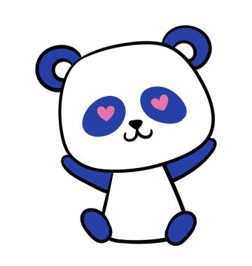 Şirin küçük panda. Gözleri yerine kalpleri olan bebek hayvan maskotlu çıkartma. Romantik ayı. Kıyafet baskısı için tasarım öğesi. Çizgi film düz vektör çizimi beyaz arkaplanda izole edildi