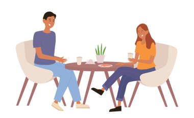 Çiftler yemek yer. Lokantada ya da kafede oturan kadın ve erkek. Rahat bir dinlenme, romantik bir randevu. Genç ve mutlu bir aile. Fincanları çay ya da kahve olan karakterler. Çizgi film düz vektör çizimi